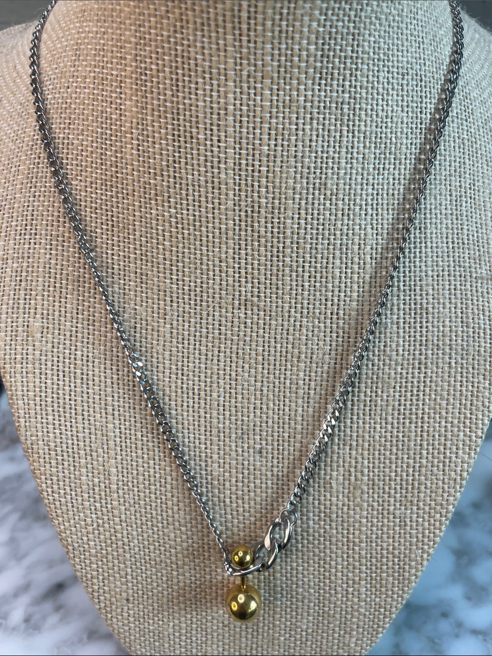 Two-Tone Double Bead Pendant Necklace - Silver Chain with Gold Bead